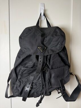 Prada Black Nylon Drawstring Backpack with Leather Trim
